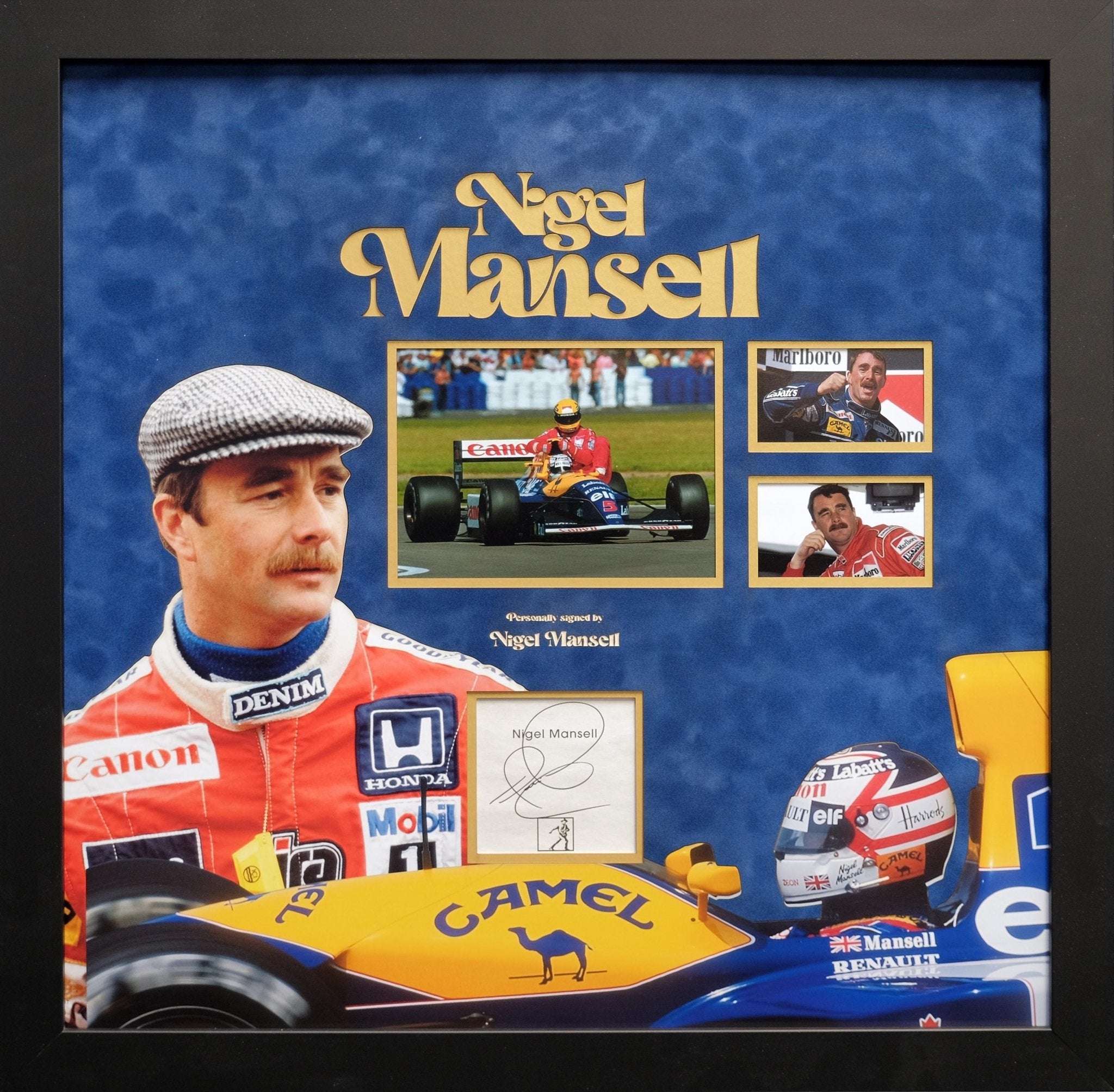 Nigel Mansell Signed White card Framed Display - Memorabilia Framers Shop